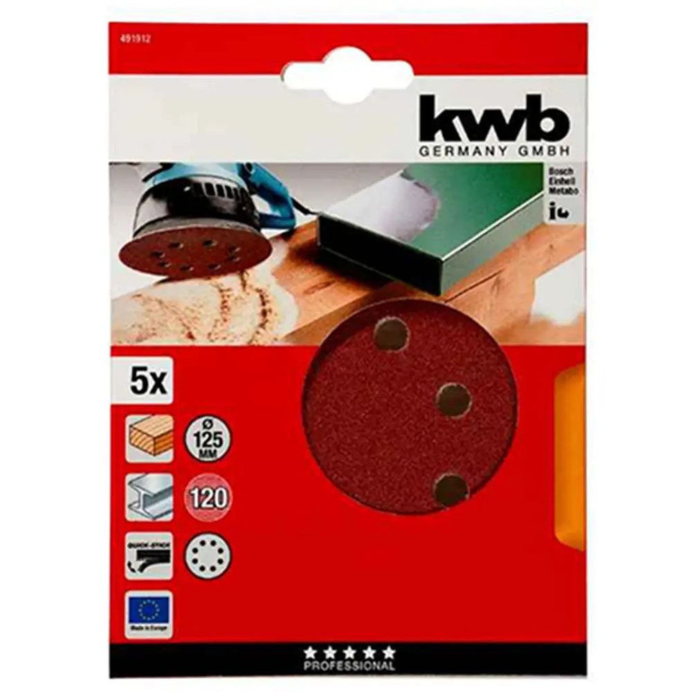 SET DISCO DE LIJA GRANO 120 125 MM 5 UN KWB — Constructor Center Chile