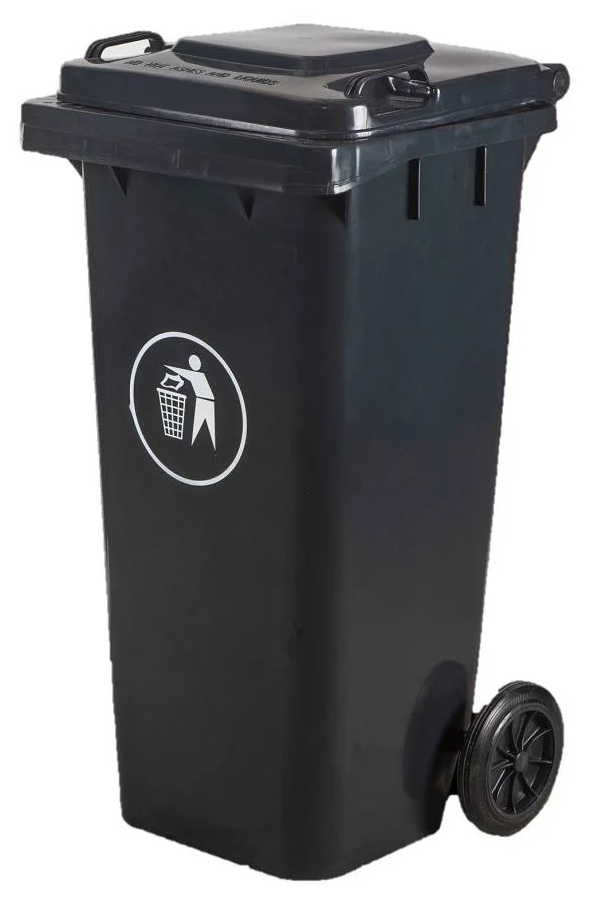 BASURERO C/TAPA Y RUEDAS NEGRO 120LT — Constructor Center Chile