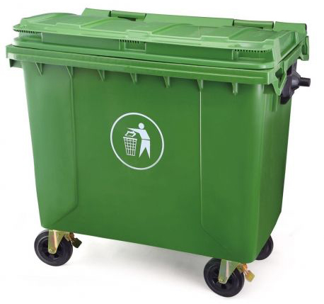 BASURERO C/TAPA Y RUEDAS VERDE 1100LT — Constructor Center Chile